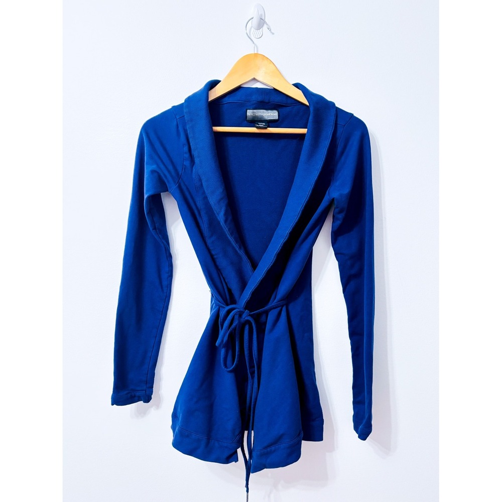 KITCHEN ORANGE Blue Cotton Stretch Tie Waist Shawl Collar Cardigan Small